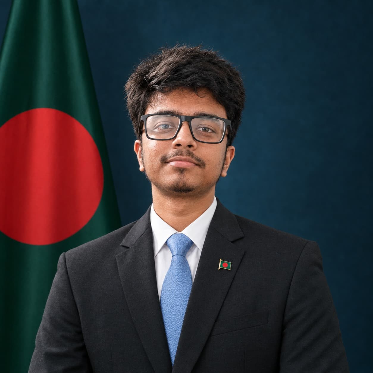 Shajin Ahsan Shuvo — Formal portrait with Bangladesh flag